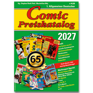 Grüner Titelumschlag eines Comic-Preiskatalogs 2027 mit Comiccover-Collage und Jahreszahl