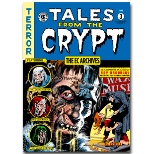 Comic-Cover „Tales from the Crypt“ mit zerfetztem Monstergesicht, drei Porträts und blauen/gelben Farbakzenten